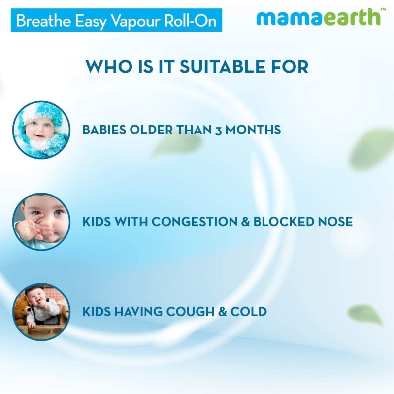 Mamaearth Natural Breathe Easy Vapour Roll-on for Cold & Nasal Congestion, with Wintergreen & Eucalyptus Oil,No Camphor & Mineral Oils, For 3+ Months age 40 ML Mamaearth Natural Breathe Easy Vapour Roll-on for Cold & Nasal Congestion, with Wintergreen & Eucalyptus Oil,No Camphor & Mineral Oils, For 3+ Months age 40 ML