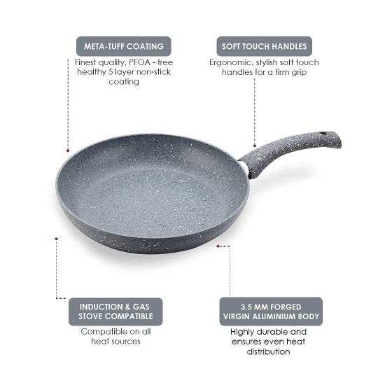 Wonderchef Granite Non-Stick Fry Pan, Induction Bottom, Soft-Touch Handles, Virgin Grade Aluminium, PFOA/Heavy Metals Free, 3.5mm, 26cm, 2 litres, Grey