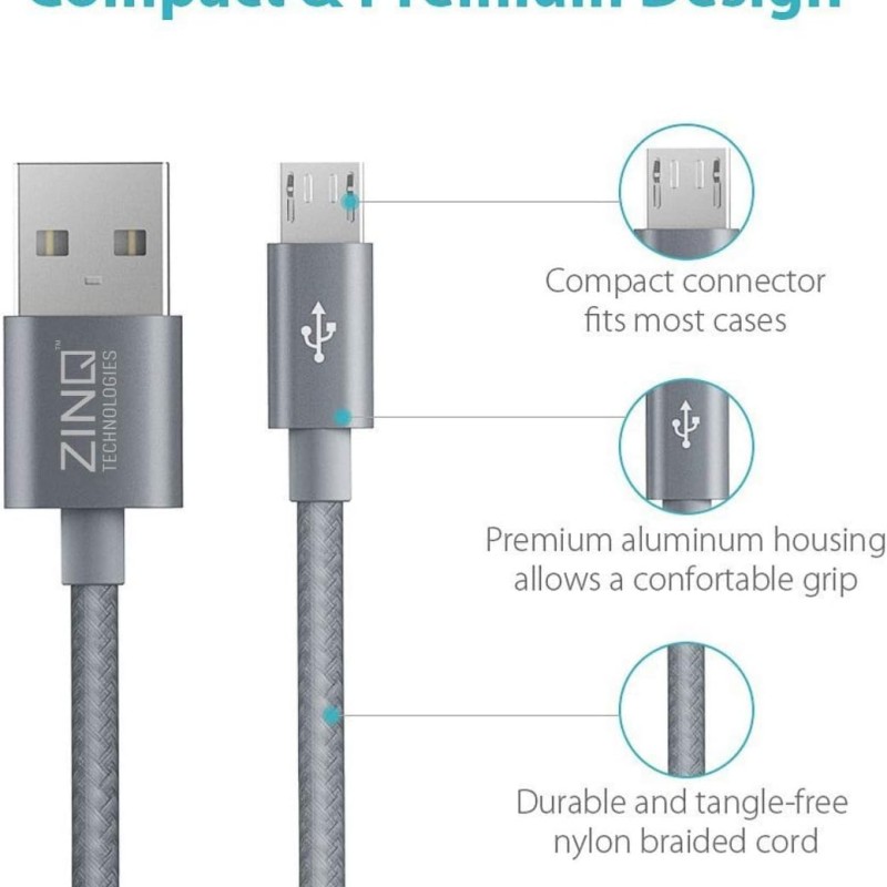 Zinq Technologies Nylon Braided Micro USB Cable - 4.9 Feet (1.5 Meters) - (Silver)