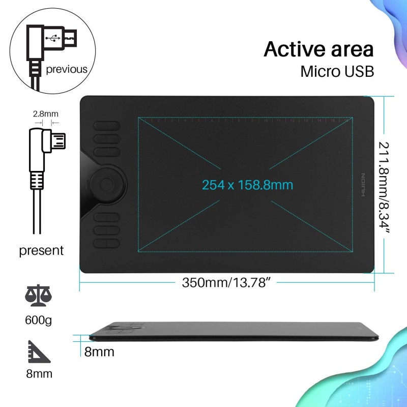 HUION HS610 Drawing Tablet 10x6.25 Inches Graphics Digital Tablet Tilt Function Battery-Free Stylus 8192 Pen Pressure with Touch Ring and 12 Shortcut Keys Support Android Windows MACOS