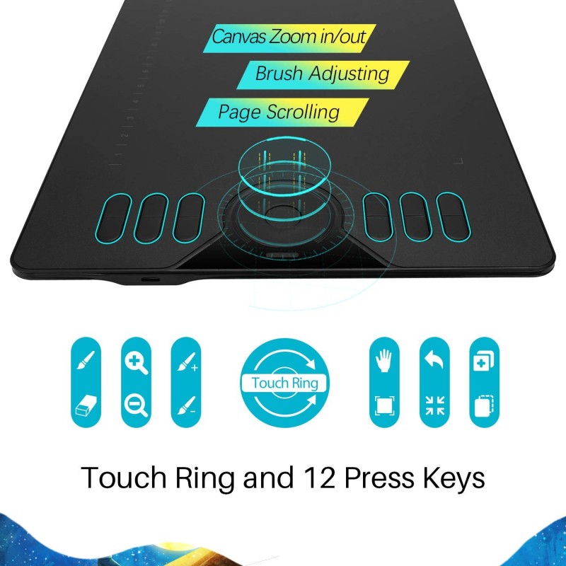 HUION HS610 Drawing Tablet 10x6.25 Inches Graphics Digital Tablet Tilt Function Battery-Free Stylus 8192 Pen Pressure with Touch Ring and 12 Shortcut Keys Support Android Windows MACOS