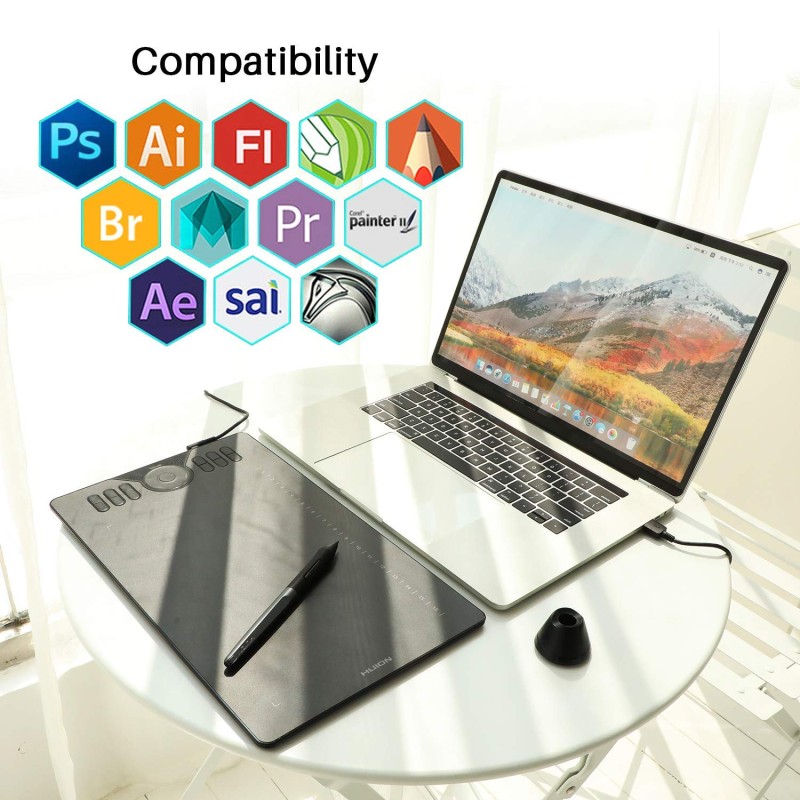 HUION HS610 Drawing Tablet 10x6.25 Inches Graphics Digital Tablet Tilt Function Battery-Free Stylus 8192 Pen Pressure with Touch Ring and 12 Shortcut Keys Support Android Windows MACOS