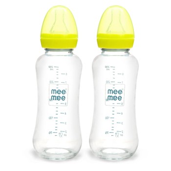 Mee Mee Premium Glass Feeding Bottle with Eazy-Flow Technology, Anti-Colic Valve,Anti Slip,BPA-Free Baby Feeding Bottle for Babies & Toddlers(Green, 240Ml,Pack of 2)