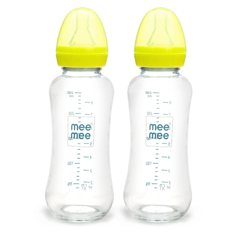 Mee Mee Premium Glass Feeding Bottle with Eazy-Flow Technology, Anti-Colic Valve,Anti Slip,BPA-Free Baby Feeding Bottle for Babies & Toddlers(Green, 240Ml,Pack of 2)