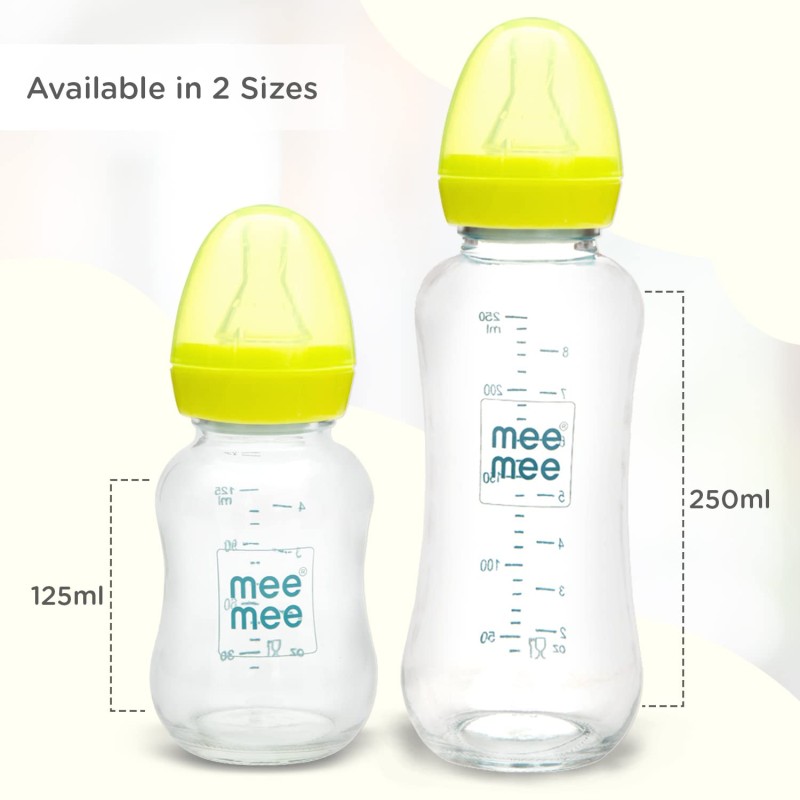 Mee Mee Premium Glass Feeding Bottle with Eazy-Flow Technology, Anti-Colic Valve,Anti Slip,BPA-Free Baby Feeding Bottle for Babies & Toddlers(Green, 240Ml,Pack of 2)