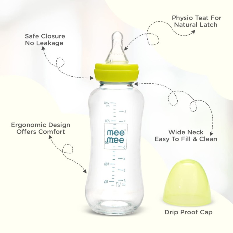 Mee Mee Premium Glass Feeding Bottle with Eazy-Flow Technology, Anti-Colic Valve,Anti Slip,BPA-Free Baby Feeding Bottle for Babies & Toddlers(Green, 240Ml,Pack of 2)