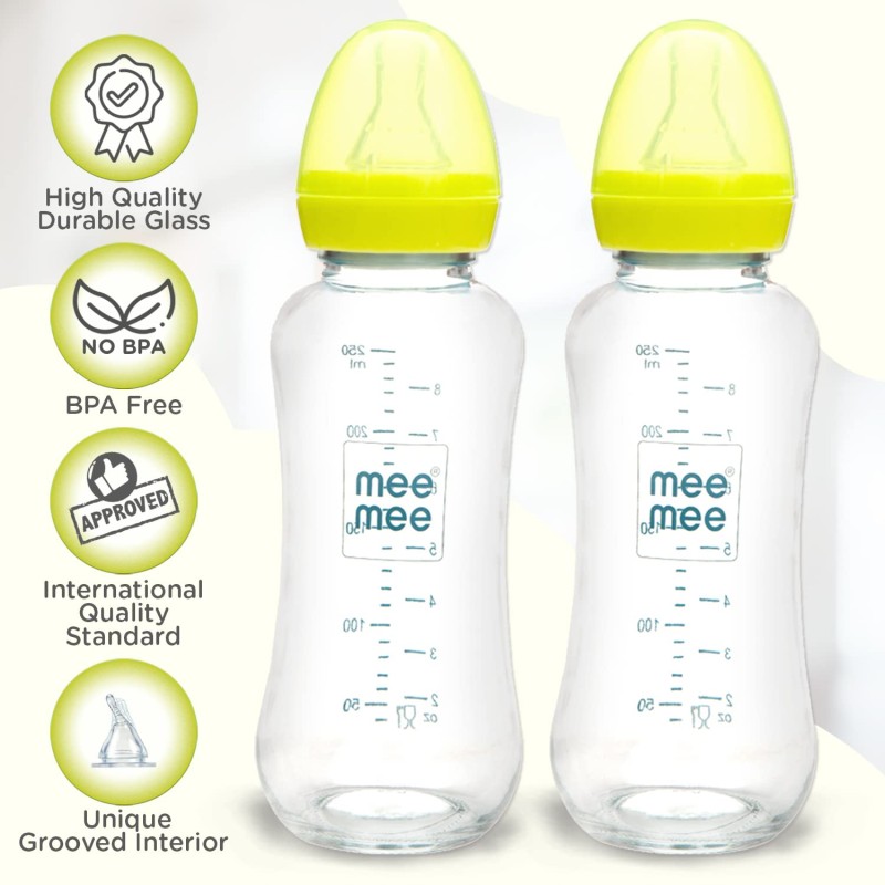 Mee Mee Premium Glass Feeding Bottle with Eazy-Flow Technology, Anti-Colic Valve,Anti Slip,BPA-Free Baby Feeding Bottle for Babies & Toddlers(Green, 240Ml,Pack of 2)