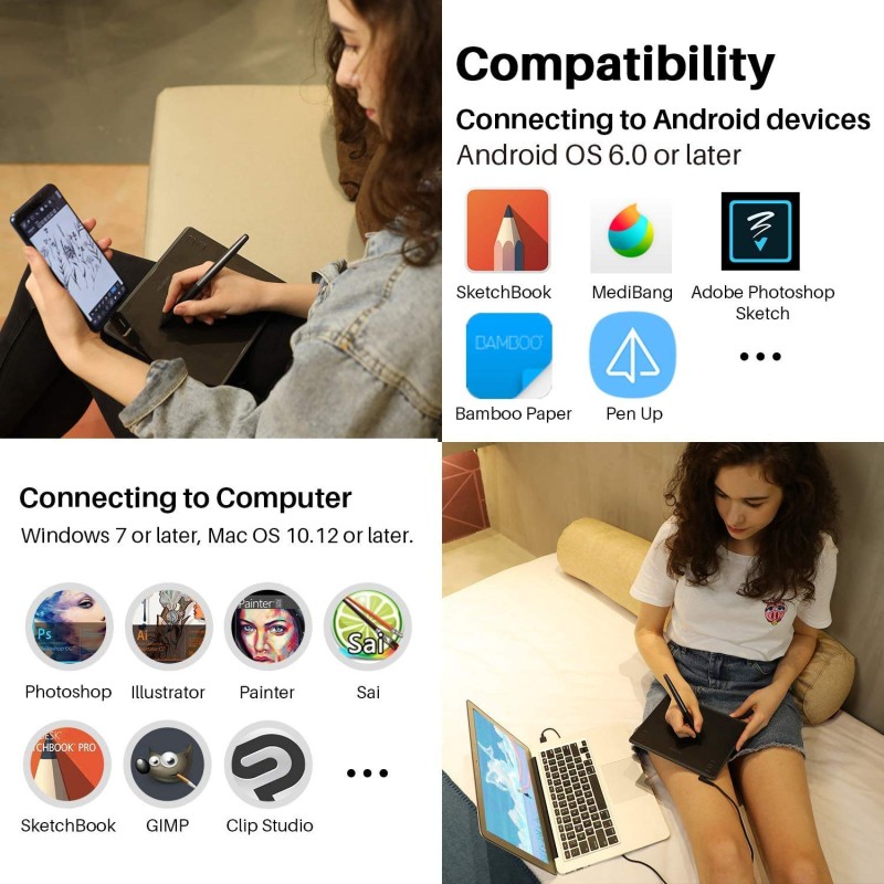 HUION HS64 Graphics Drawing Tablet Battery-Free Stylus Android Windows macOS with 6.3 x 4 inch Working Area Pen Tablet for Linux, Mac, Windows PC and Android (HS64, 6.3 x 4 inch)