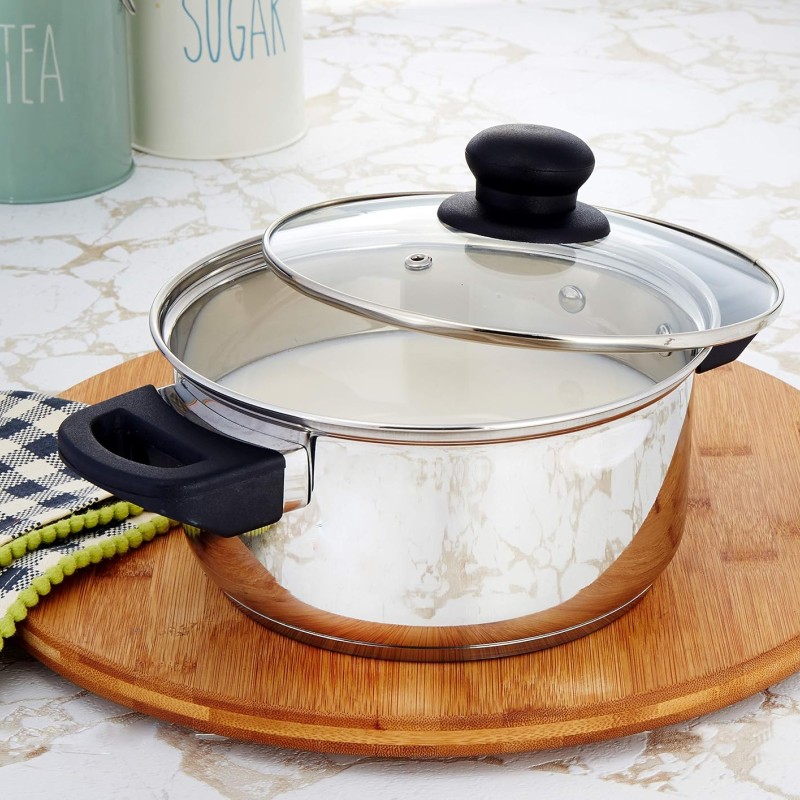 Solimo Stainless Steel Dutch Oven with Glass Lid, Induction Base (18cm, 2 liters)