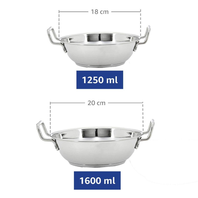 Solimo Stainless Steel Induction Bottom Kadhai Set Size 18Cm,20Cm,1.5 Liter Solimo Stainless Steel Induction Bottom Kadhai Set Size 18Cm,20Cm,1.5 Liter