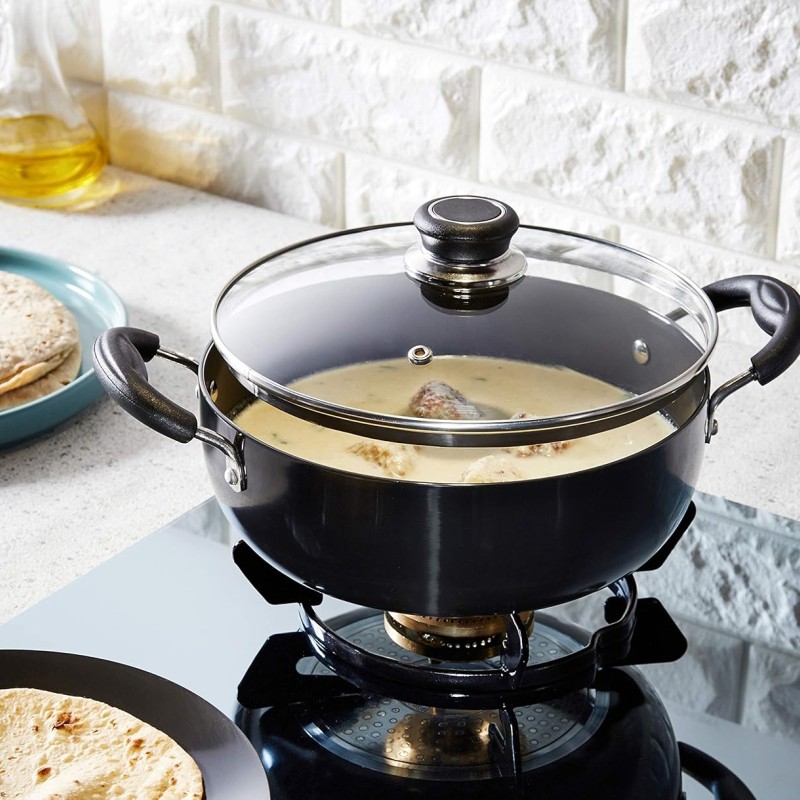 Solimo - Hard Anodized Deep Kadhai With Induction Bottom And Glass Lid (22 Cm), Black