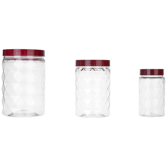 Amazon Brand - Solimo Plastic Pet Storage Jar and Container, Set of 18 (6 pcs x 300 ml, 6 pcs x 600 ml, 6 pcs x 1.2 ltrs Each), Red Wine | Air Tight | Kitchen Organiser | BPA Free | Stackable