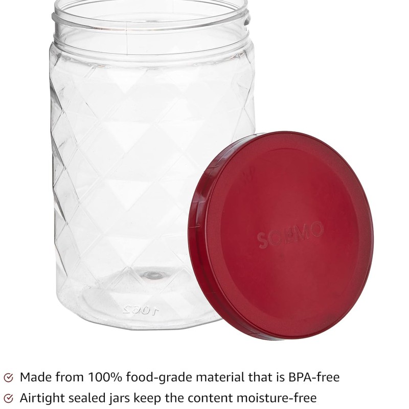 Solimo Plastic Pet Storage Jar and Container, Set of 18 (6 pcs x 300 ml, 6 pcs x 600 ml, 6 pcs x 1.2 ltrs Each), Red Wine | Air Tight | Kitchen Organiser | BPA Free | Stackable Solimo Plastic Pet Storage Jar and Container, Set of 18 (6 pcs x 300 ml, 6 pcs x 600 ml, 6 pcs x 1.2 ltrs Each), Red Wine | Air Tight | Kitchen Organiser | BPA Free | Stackable
