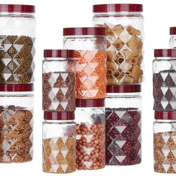 Solimo Plastic Pet Storage Jar and Container, Set of 18 (6 pcs x 300 ml, 6 pcs x 600 ml, 6 pcs x 1.2 ltrs Each), Red Wine | Air Tight | Kitchen Organiser | BPA Free | Stackable