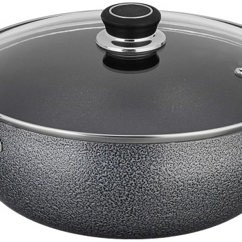 Solimo-Non Stick Kadhai With Glass Lid(26 Cm,Hammertone Finish,3 Coat,2.9 Mm Thickness)|Black,4 litres