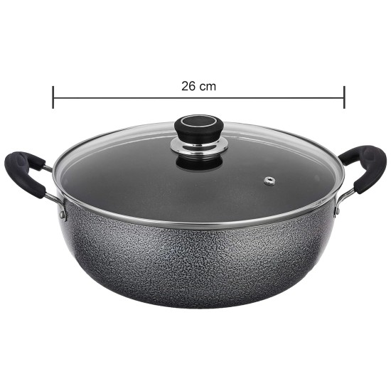 Amazon Brand - Solimo-Non Stick Kadhai With Glass Lid(26 Cm,Hammertone Finish,3 Coat,2.9 Mm Thickness)|Black,4 litres