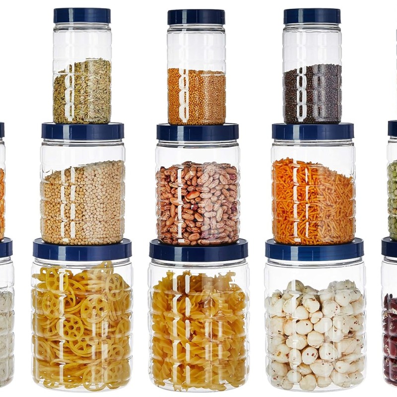 Solimo Plastic Checkered Jar Set of 15 (Royal Blue)