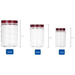 Amazon Brand - Solimo Plastic Pet Storage Jar and Container, Set of 12 (4 pcs x 300 ml, 4 pcs x 600 ml, 4 pcs x 1.2 ltrs Each) Red Wine | Air Tight | Kitchen Organiser | BPA Free | Stackable