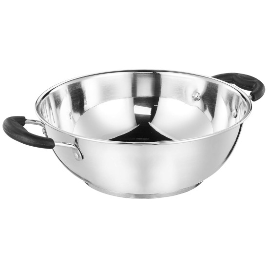 Solimo Stainless Steel Kadai | Gas and Induction Compatible | Heavy Bottom - Better Heat Retention| 25 cm Dia | 3 L Capacity | Silver