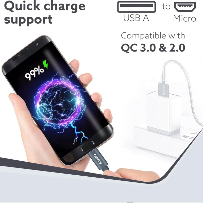 (Refurbished) AGARO USBA to Micro Cable 1 meter / 3.2Ft Nylon Braided, High Speed, Durable, Fast Charging, USB Android Phone Charger Cord Compatible with most Micro USB devices (Refurbished) AGARO USBA to Micro Cable 1 meter / 3.2Ft Nylon Braided, High Speed, Durable, Fast Charging, USB Android Phone Charger Cord Compatible with most Micro USB devices