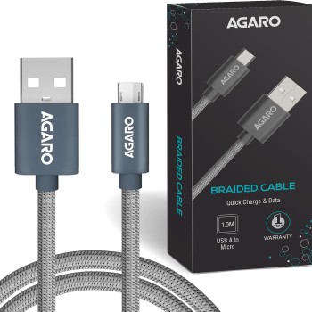 (Refurbished) AGARO USBA to Micro Cable 1 meter / 3.2Ft Nylon Braided, High Speed, Durable, Fast Charging, USB Android Phone Charger Cord Compatible with most Micro USB devices