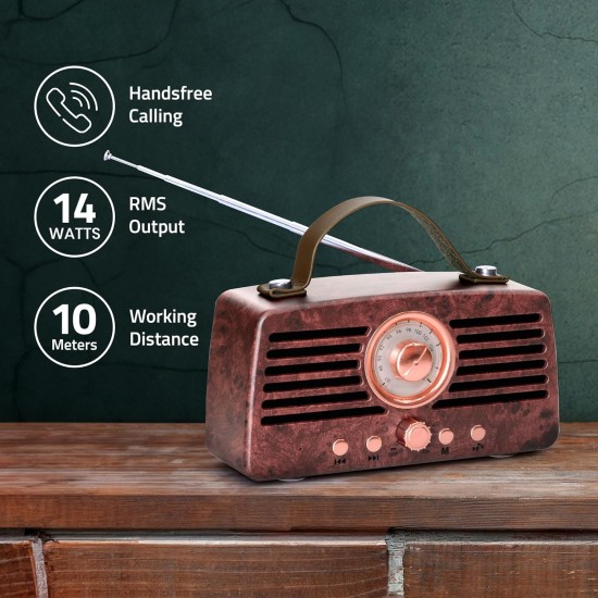 Artis BT45 Retro Portable Wireless Bluetooth Speaker with Analog control FM/USB/TF Card Reader/AUX in & Hands Free Calling Mic.(Brown) (14W RMS Output)