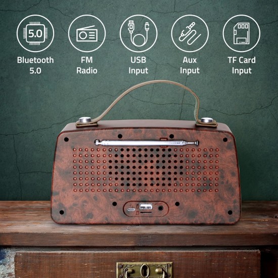 Artis BT45 Retro Portable Wireless Bluetooth Speaker with Analog control FM/USB/TF Card Reader/AUX in & Hands Free Calling Mic.(Brown) (14W RMS Output)