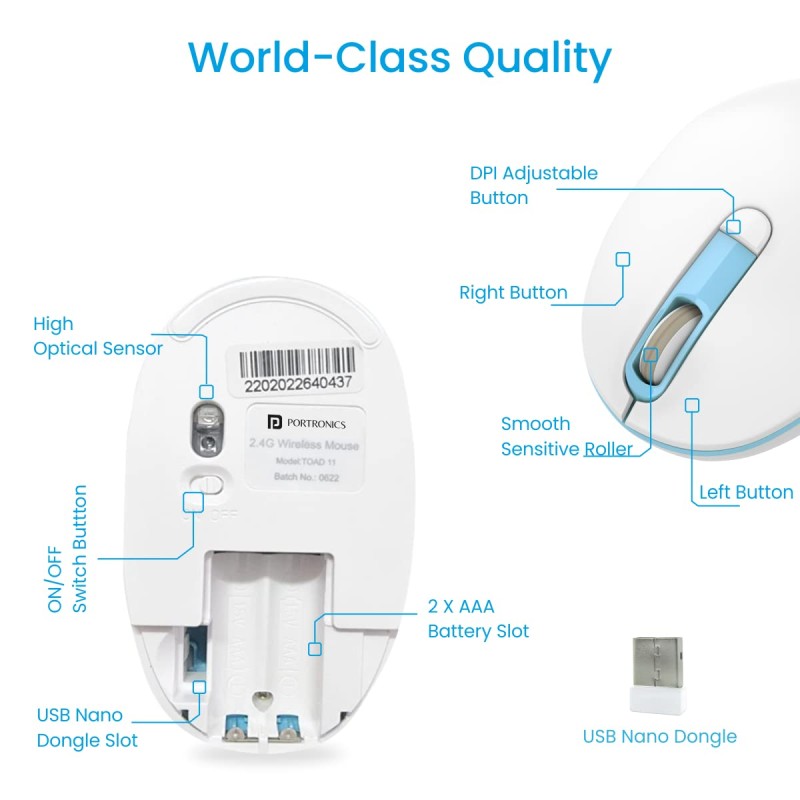 Portronics Toad 11 Wireless Mouse, 2.4 GHz Connectivity with USB Nano Dongle, Adjustable DPI Up To 1600, Ambidextrous for Laptop, MacBook, PC (Blue) Portronics Toad 11 Wireless Mouse, 2.4 GHz Connectivity with USB Nano Dongle, Adjustable DPI Up To 1600, Ambidextrous for Laptop, MacBook, PC (Blue)