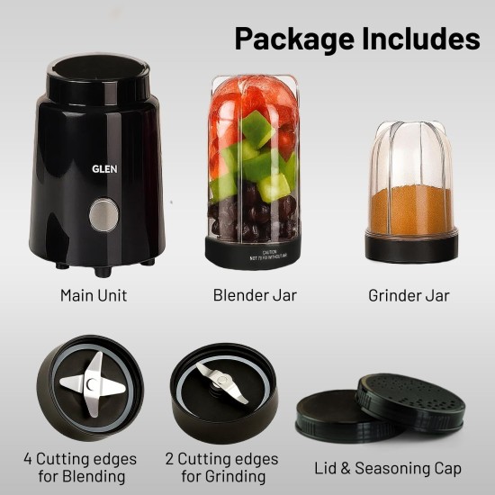 Glen Active Electric Blender Mixer Grinder for kitchen, 350W, 2 Unbreakable Jars (300ml & 500ml), 2 Stainless Steel Blades, 20000 RPM, for Smoothie Shake Juice - Black (SA4048N)