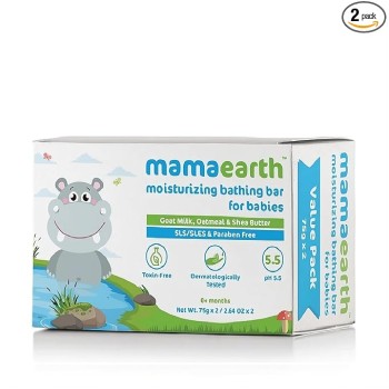 Mamaearth Moisturizing Bathing Bar For Babies - 75 g x 2 | Infused with Goat Milk, Oatmeal and Shea Butter | Gently Cleanses, Retains Moisture, Balanced at 5.5 pH
