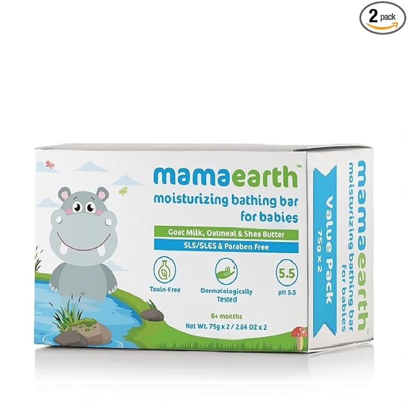 Mamaearth Moisturizing Bathing Bar For Babies - 75 g x 2 | Infused with Goat Milk, Oatmeal and Shea Butter | Gently Cleanses, Retains Moisture, Balanced at 5.5 pH