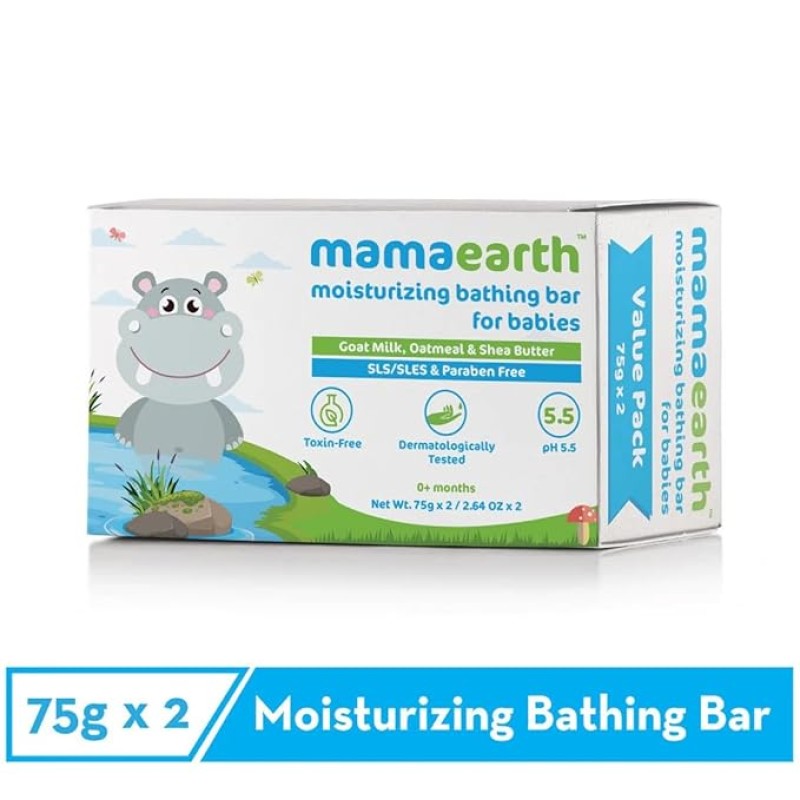 Mamaearth Moisturizing Bathing Bar For Babies - 75 g x 2 | Infused with Goat Milk, Oatmeal and Shea Butter | Gently Cleanses, Retains Moisture, Balanced at 5.5 pH