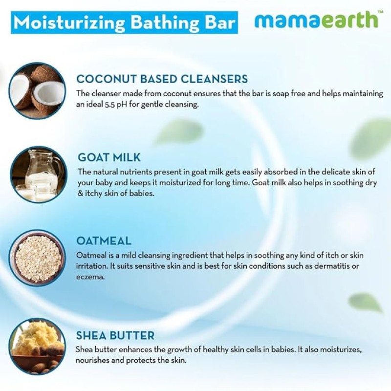 Mamaearth Moisturizing Bathing Bar For Babies - 75 g x 2 | Infused with Goat Milk, Oatmeal and Shea Butter | Gently Cleanses, Retains Moisture, Balanced at 5.5 pH
