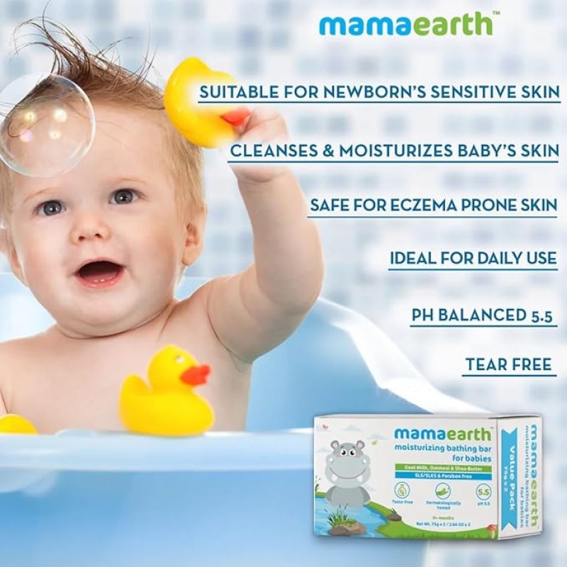 Mamaearth Moisturizing Bathing Bar For Babies - 75 g x 2 | Infused with Goat Milk, Oatmeal and Shea Butter | Gently Cleanses, Retains Moisture, Balanced at 5.5 pH
