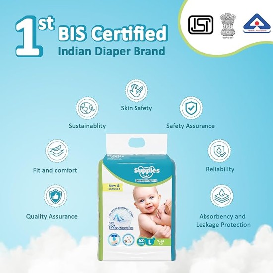 Supples Premium Baby Diaper Pants | 62 Baby Diapers | Large | 9-14 Kg | 12 Hrs Absorption | Cushiony Cotton Soft Fabric | Phthalates-Free | Triple Leak Guard