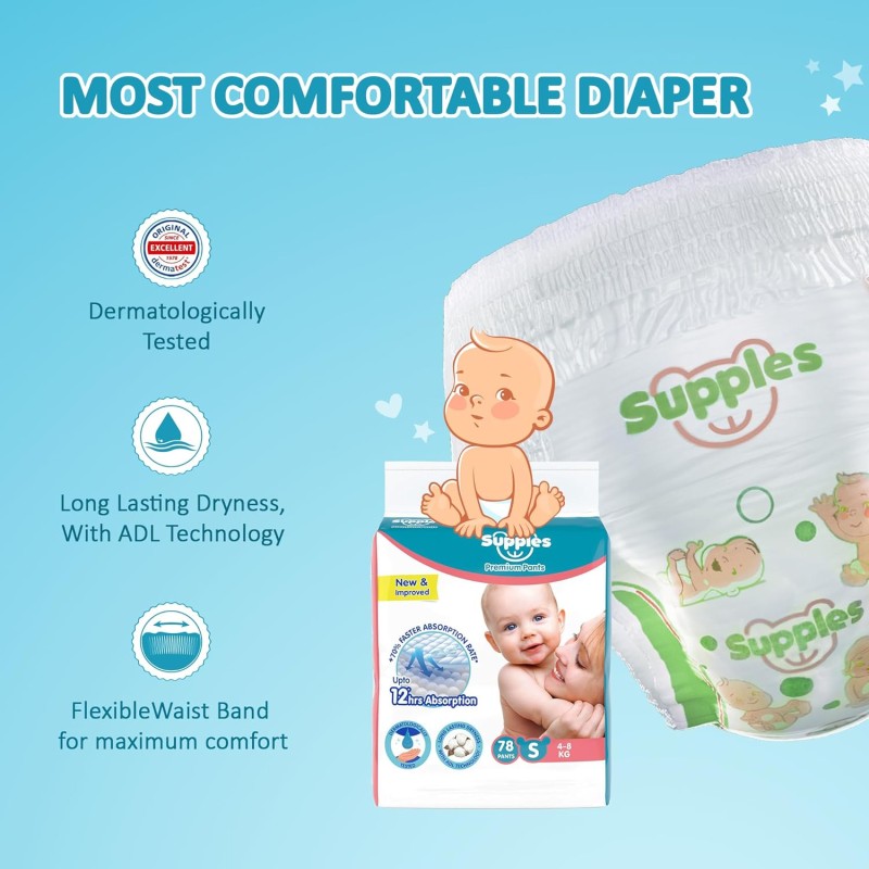 Supples Premium Baby Diaper Pants | 78 Baby Diapers | Small | 4-8 Kg | 12 Hrs Absorption | Cushiony Cotton Soft Fabric | Phthalates-Free | Triple Leak Guard