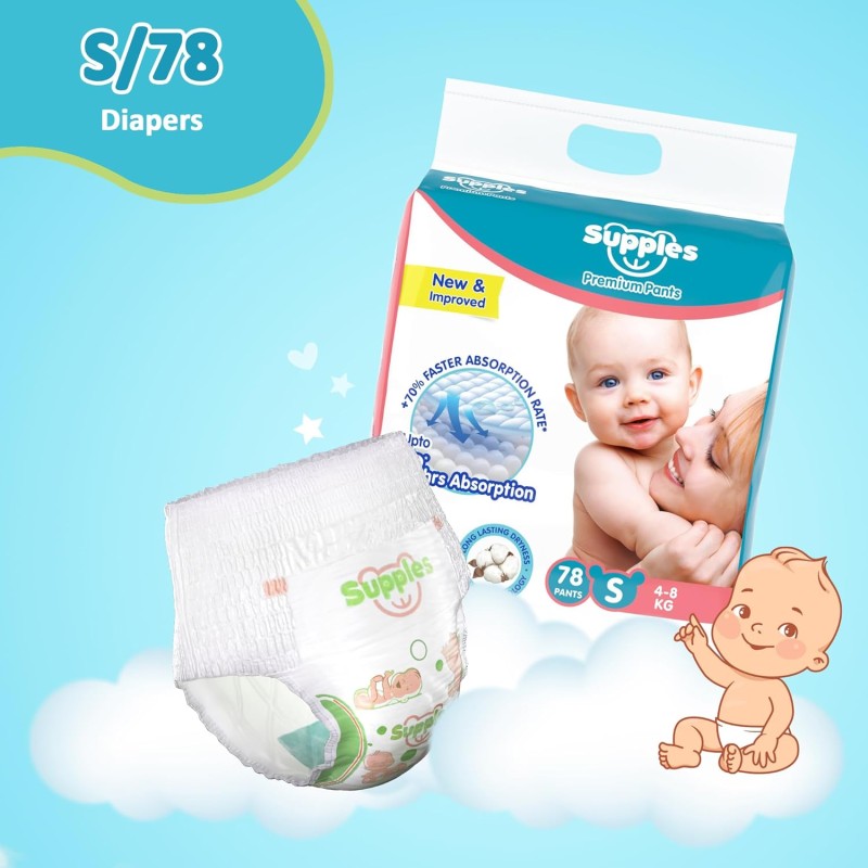 Supples Premium Baby Diaper Pants | 78 Baby Diapers | Small | 4-8 Kg | 12 Hrs Absorption | Cushiony Cotton Soft Fabric | Phthalates-Free | Triple Leak Guard