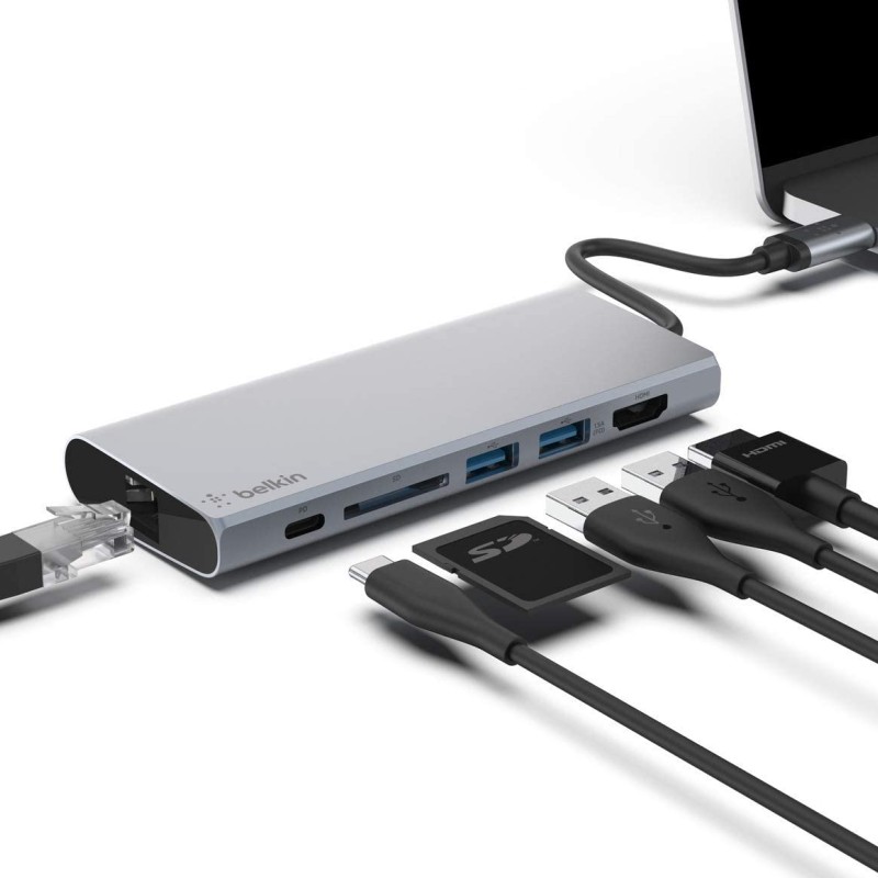 Belkin USB C 6 in 1 Hub Adapter with 60W Power delivery, 5 Gbps Transfer Speed, Ethernet Port, 4K HDMI, USB C, SD Card and 2 USB A 3.0 & 2.0 Data Ports, for MacBook/iPad and More