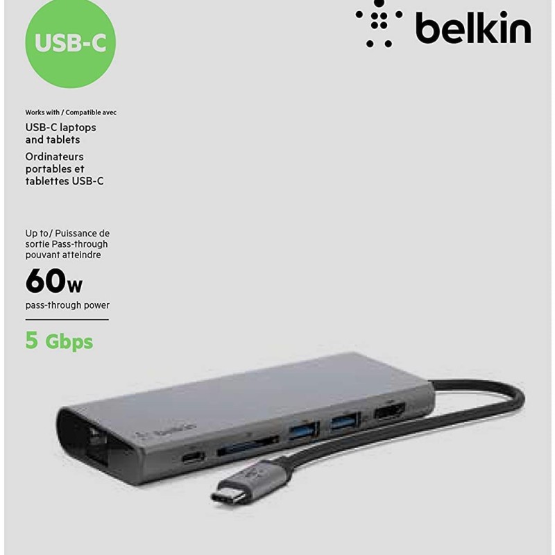 Belkin USB C 6 in 1 Hub Adapter with 60W Power delivery, 5 Gbps Transfer Speed, Ethernet Port, 4K HDMI, USB C, SD Card and 2 USB A 3.0 & 2.0 Data Ports, for MacBook/iPad and More