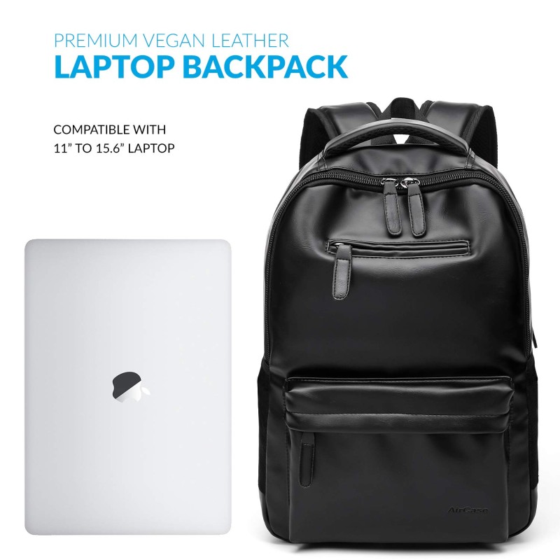AirCase Vegan Leather Laptop Bag Backpack for Men and Women, 22 l, Black, Fits Upto 15.6 inch Laptop, Multiple compartments, Padded Shoulder Straps, for Travel, Office or College, 1 Year Warranty