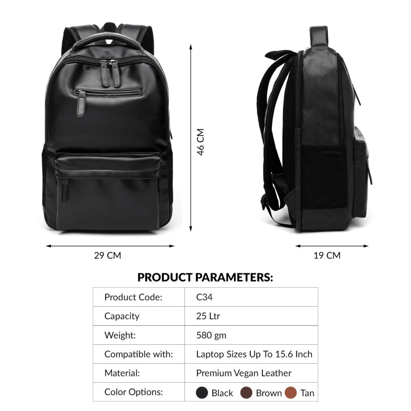 AirCase Vegan Leather Laptop Bag Backpack for Men and Women, 22 l, Black, Fits Upto 15.6 inch Laptop, Multiple compartments, Padded Shoulder Straps, for Travel, Office or College, 1 Year Warranty