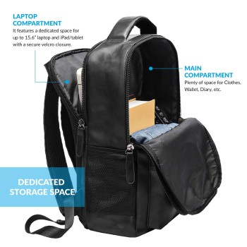AirCase Vegan Leather Laptop Bag Backpack for Men and Women, 22 l, Black, Fits Upto 15.6 inch Laptop, Multiple compartments, Padded Shoulder Straps, for Travel, Office or College, 1 Year Warranty