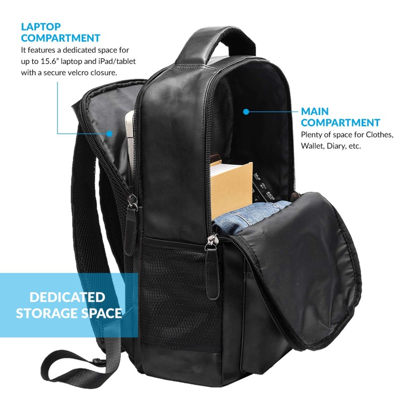AirCase Vegan Leather Laptop Bag Backpack for Men and Women, 22 l, Black, Fits Upto 15.6 inch Laptop, Multiple compartments, Padded Shoulder Straps, for Travel, Office or College, 1 Year Warranty