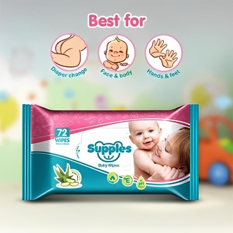 Supples Baby Wet Wipes | 216 Wipes | 72 Wipes x 3 Packs | Enriched With Aloe Vera and Vitamin E | Alcohol-Free and Paraben-Free | Pure Water-Based formulation