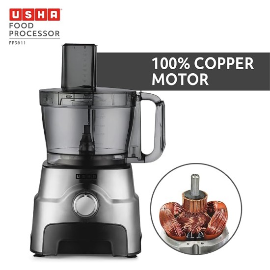 Usha FP 3811 Food Processor 1000 Watts Copper Motor with 13 Accessories(Premium SS Finish), Black and Steel Usha FP 3811 Food Processor 1000 Watts Copper Motor with 13 Accessories(Premium SS Finish), Black and Steel