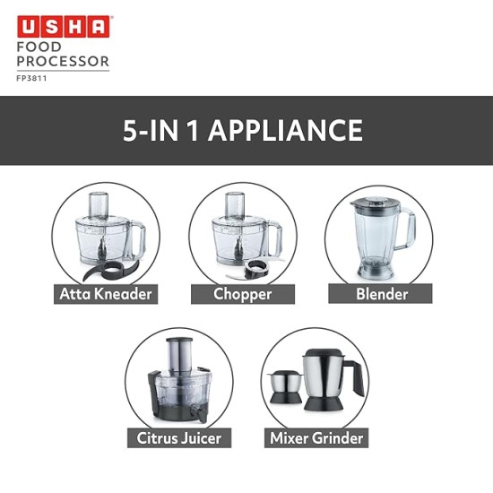 Usha FP 3811 Food Processor 1000 Watts Copper Motor with 13 Accessories(Premium SS Finish), Black and Steel Usha FP 3811 Food Processor 1000 Watts Copper Motor with 13 Accessories(Premium SS Finish), Black and Steel