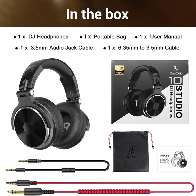 OneOdio Pro-10 Over Ear Headphones-Adapter Free Closed Back & Mixing DJ Stereo Headset with Hi-res Certification for AMP Computer Recording Phone Piano Guitar Laptop - Black Professional Studio Monitor Headphones