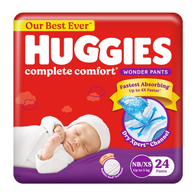 Huggies Complete Comfort Wonder Pants | Pant Style Baby Diapers New Born / XS Size, 24 Count | India's Fastest Absorbing Diaper, Patented Dry Xpert Channel, Ideal for 0-5 Kgs Huggies Complete Comfort Wonder Pants | Pant Style Baby Diapers New Born / XS Size, 24 Count | India's Fastest Absorbing Diaper, Patented Dry Xpert Channel, Ideal for 0-5 Kgs