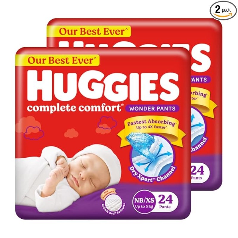 Huggies Complete Comfort Wonder Pants | Pant Style Baby Diapers Newborn / XS Size, 48 Count | India's Fastest Absorbing Diaper, Patented Dry Xpert Channel, Ideal for 0-5 Kgs Visit the Huggies Store Huggies Complete Comfort Wonder Pants | Pant Style Baby Diapers Newborn / XS Size, 48 Count | India's Fastest Absorbing Diaper, Patented Dry Xpert Channel, Ideal for 0-5 Kgs Visit the Huggies Store