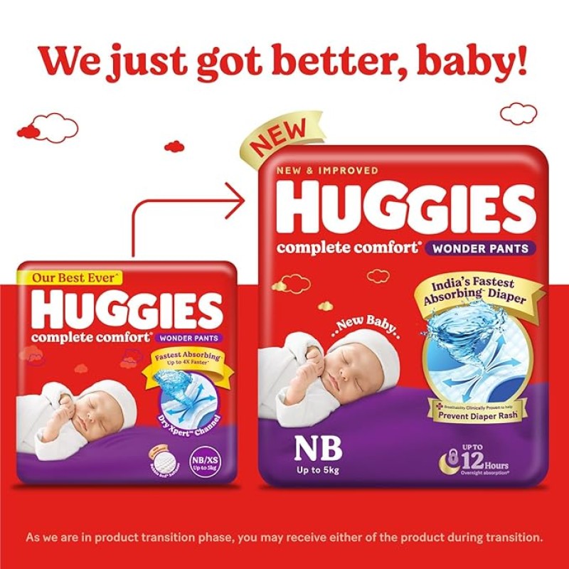 Huggies Complete Comfort Wonder Pants | Pant Style Baby Diapers Newborn / XS Size, 48 Count | India's Fastest Absorbing Diaper, Patented Dry Xpert Channel, Ideal for 0-5 Kgs Visit the Huggies Store Huggies Complete Comfort Wonder Pants | Pant Style Baby Diapers Newborn / XS Size, 48 Count | India's Fastest Absorbing Diaper, Patented Dry Xpert Channel, Ideal for 0-5 Kgs Visit the Huggies Store